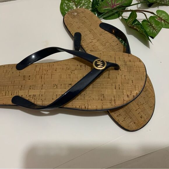 Michael Kors Cork Sandals MK Logo Navy PVC Thong Jet Set Flip Flops Sz. 10 - Picture 3 of 8